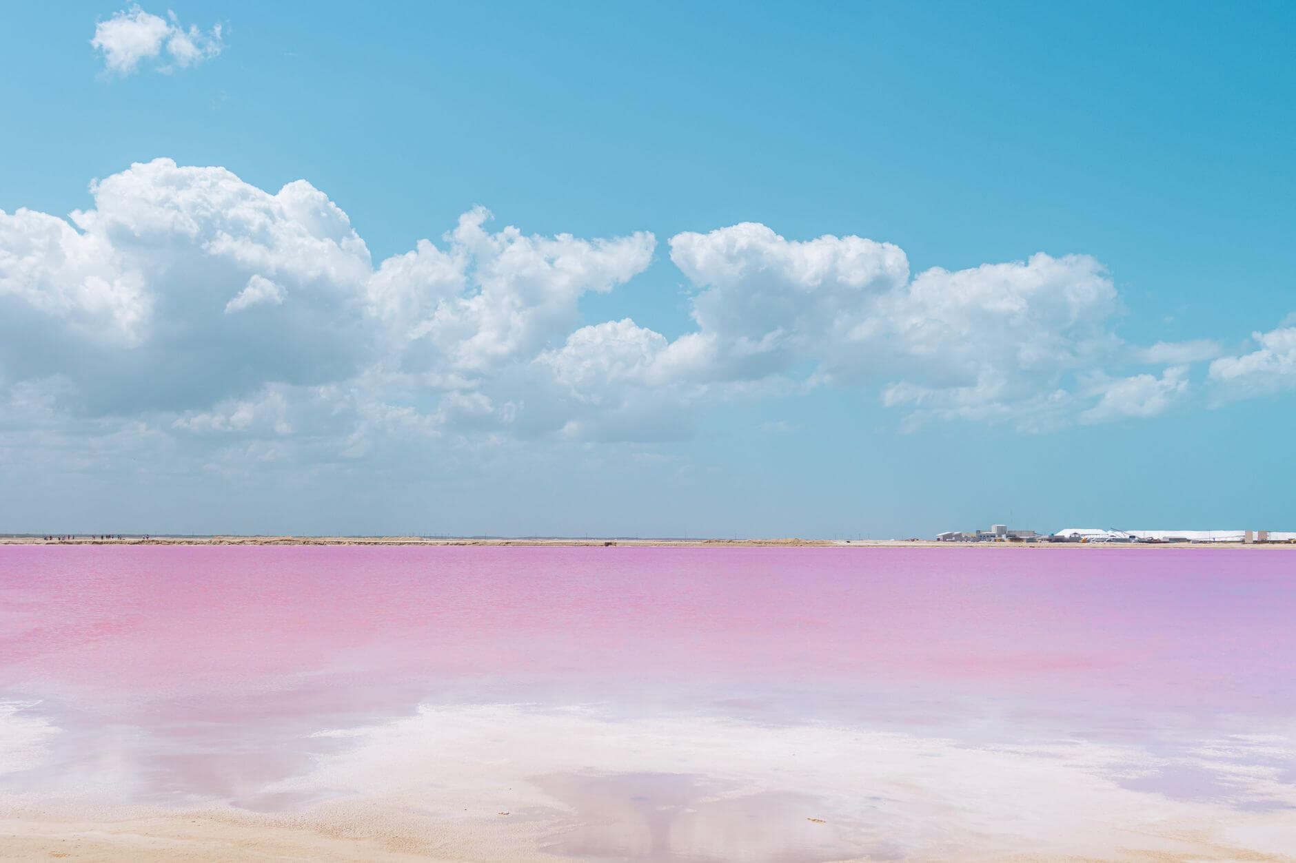 Lago Rosa de Senegal con aguas de color rosado y recolectores de sal trabajando en las orillas