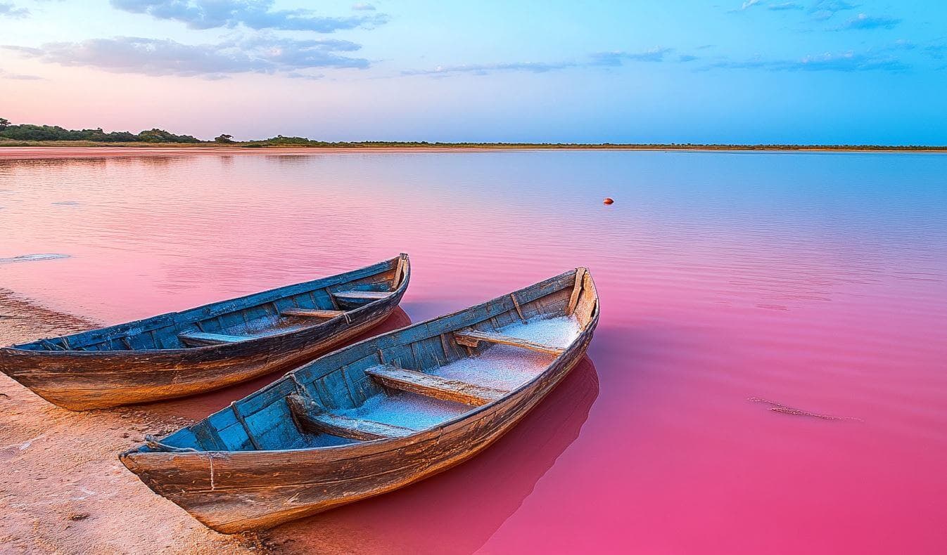 Vista aérea del Lago Rosa de Senegal con aguas de color rosa intenso y recolectores de sal