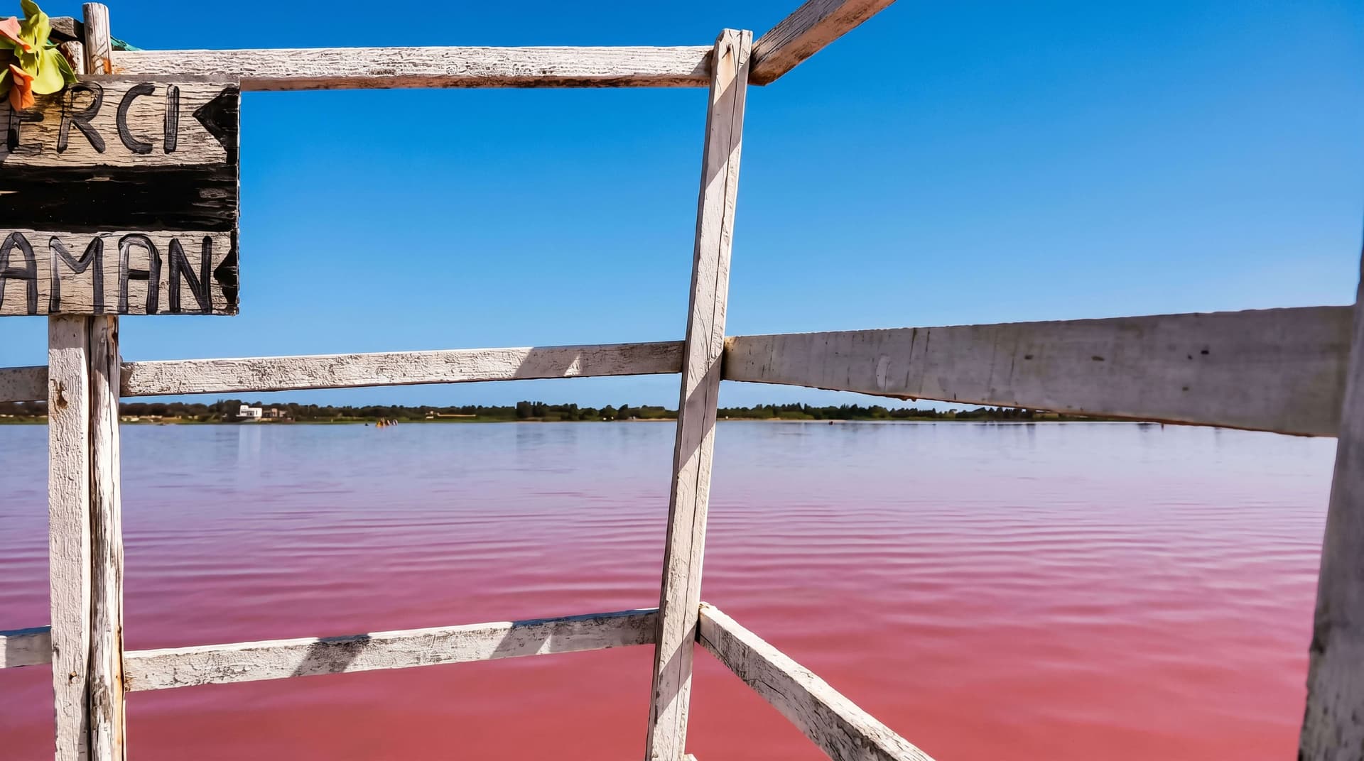 Lago Rosa de Senegal con aguas de color rosado intenso y dunas de arena al atardecer