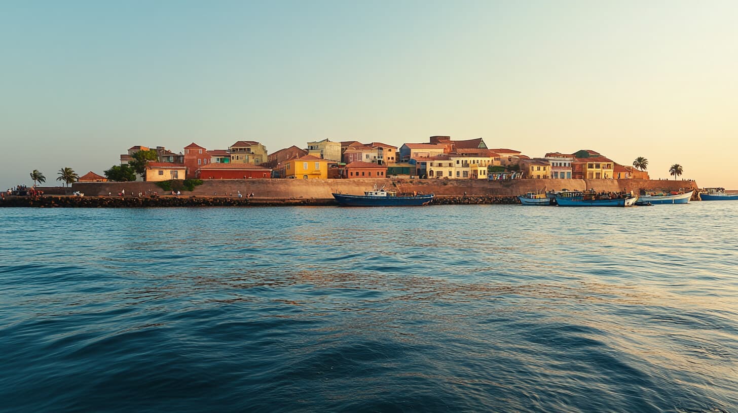 Vista de las coloridas casas coloniales de la isla de Gorée frente a la costa de Dakar, Senegal